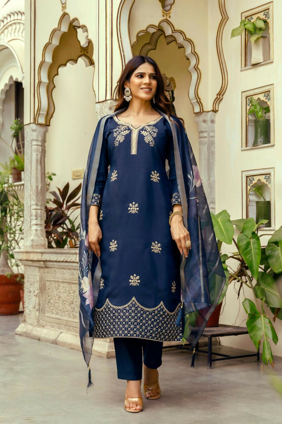 The52 Navy Blue Women's Beautiful Viscose Chanderi Fabric Thread Work Straight Kurta Pant and Dupatta Set - Distacart