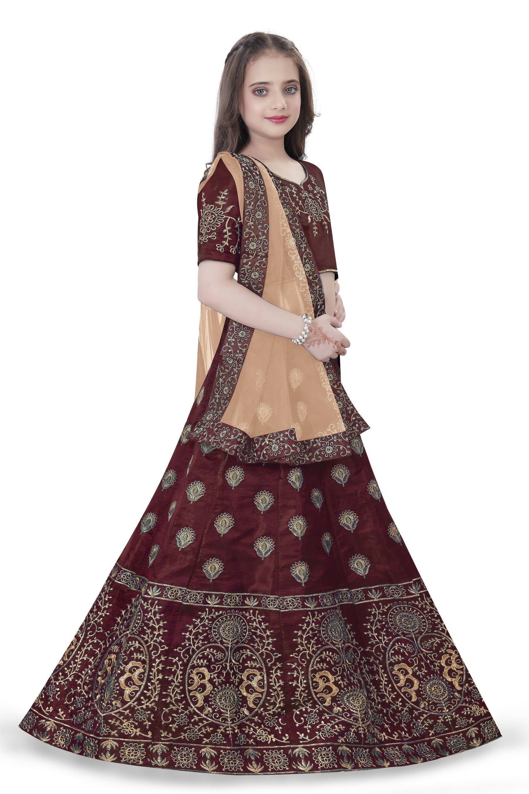 Dwiden Maroon Gulab Tafetta Sattin Semi-Stitched Girl'S Lehenga Choli