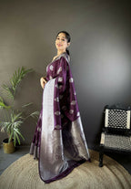 Joban Fashion Wine Floral Motifs Soft Silk Banarasi Saree - Distacart