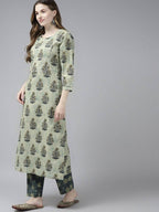 Yufta Women Beige Ethnic Motifs Aari Work Pure Cotton Kurta with Palazzo and Dupatta