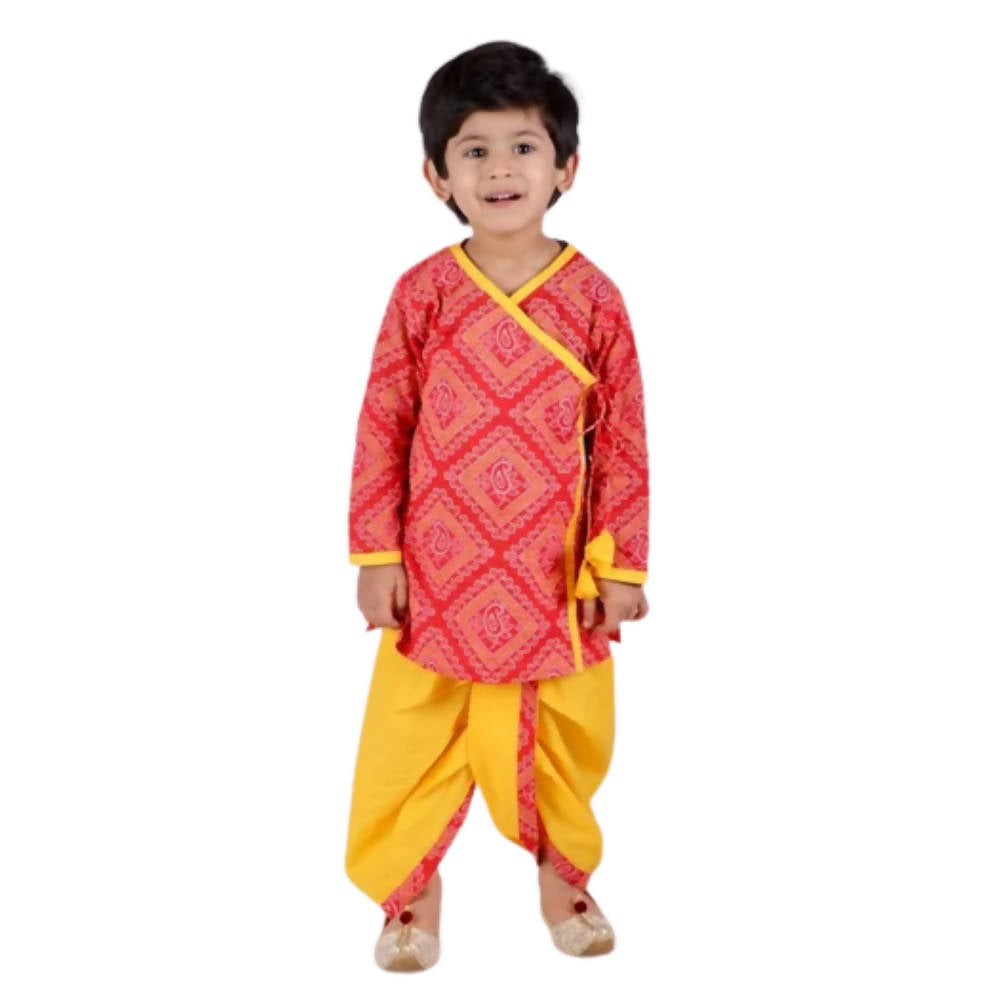 Little Bansi Boys Red and yellow Color Jaipuri Ambi Angrakha Kurta with Dhoti