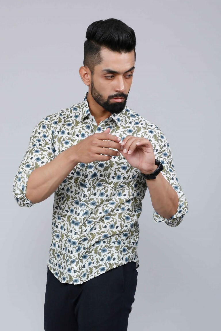 Miravan Men's White & Blue Floral Print Cotton Regular Fit Shirt