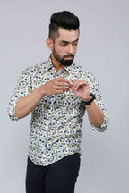 Miravan Men's White & Blue Floral Print Cotton Regular Fit Shirt