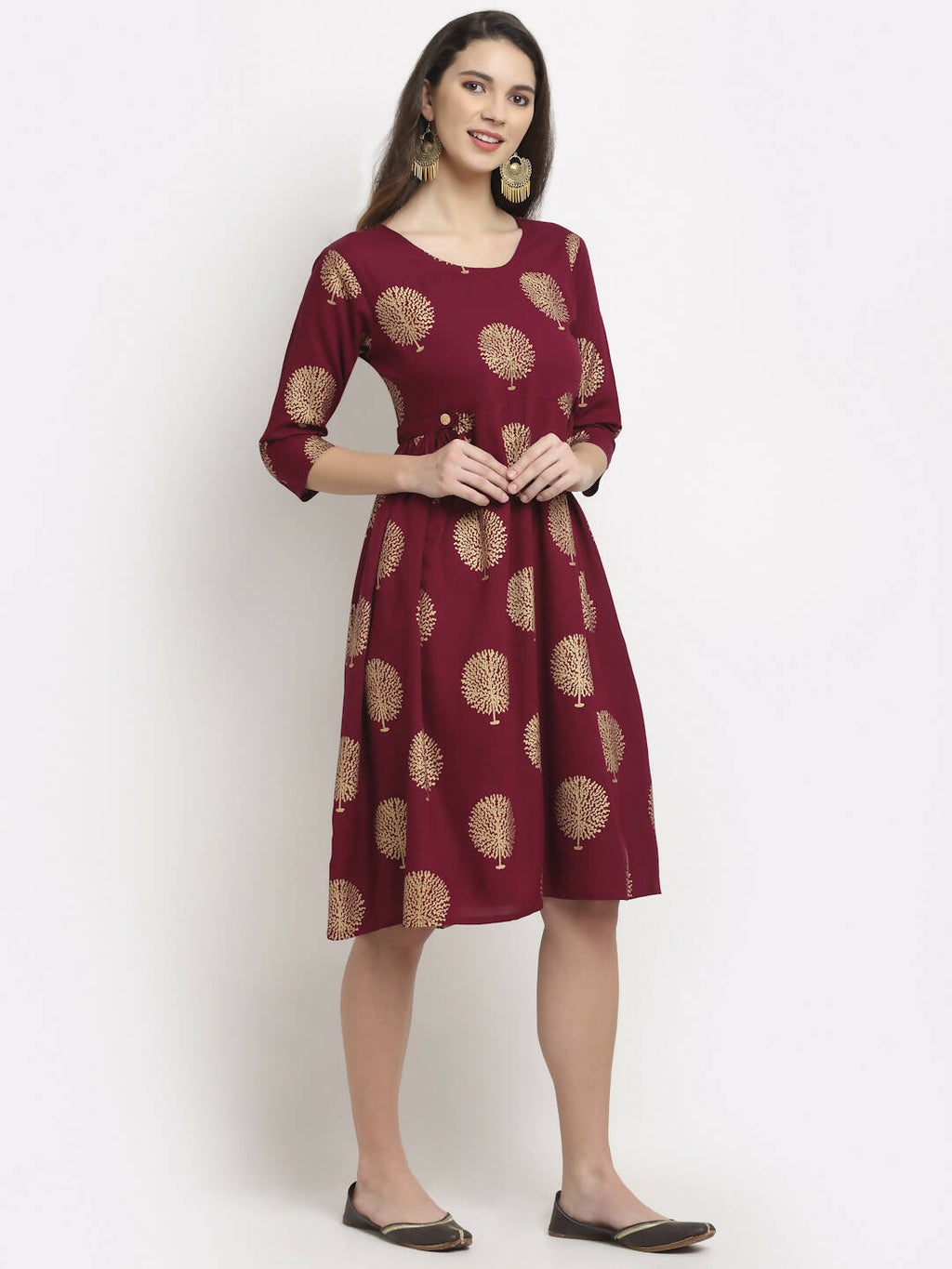 Rudra Bazaar Gold Boota Printed Wine Kurti - Distacart