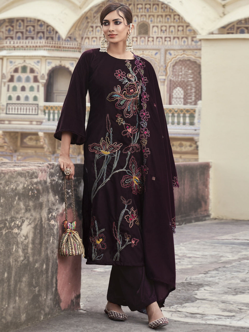 Jyoti Fashion Women's Wine Velvet Resham Thread with Jari & Sequin Kurta with Trouser & Dupatta
