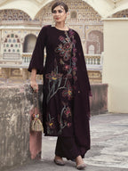 Jyoti Fashion Women's Wine Velvet Resham Thread with Jari & Sequin Kurta with Trouser & Dupatta