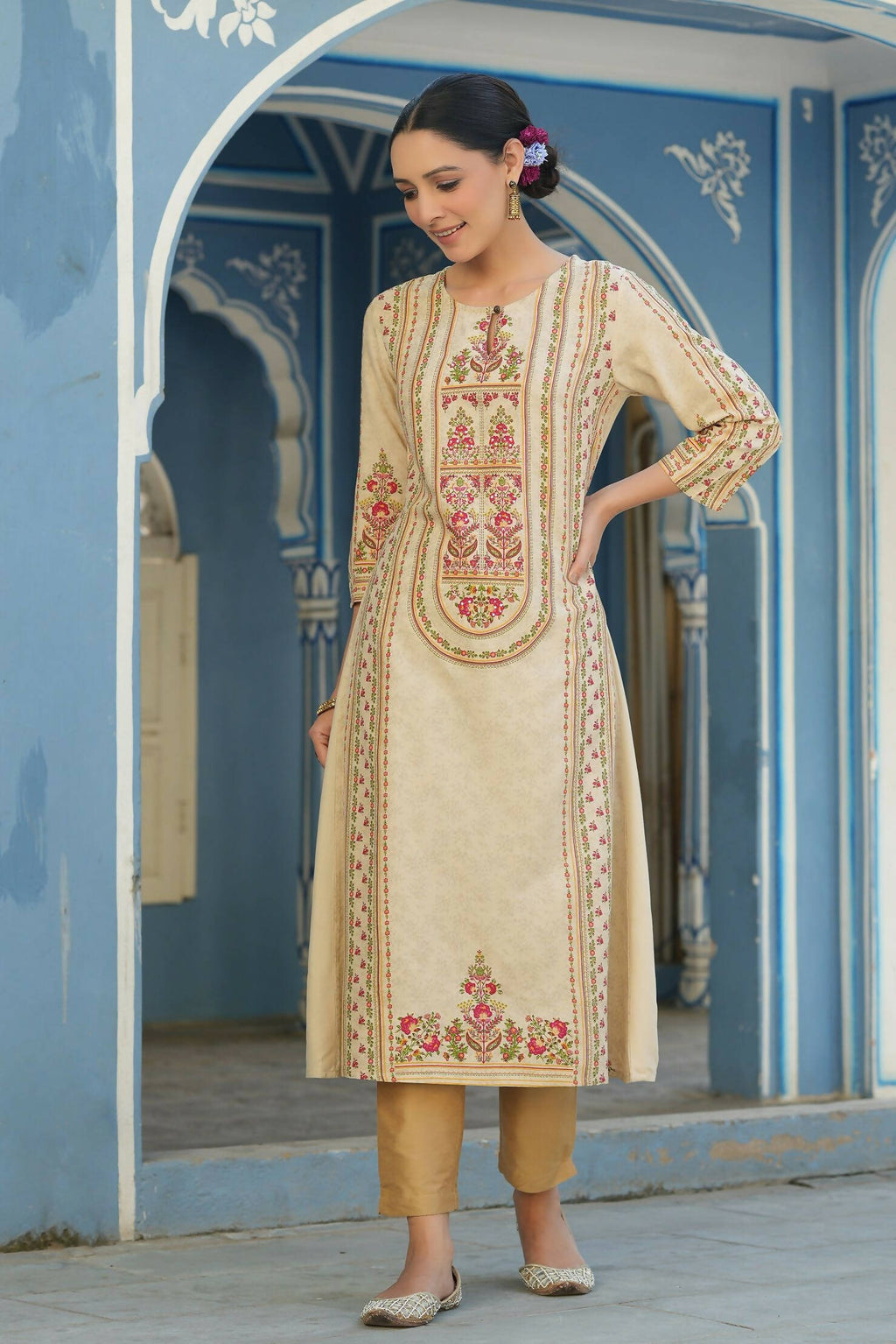 Juniper Women's Cream Rayon Staple Placement Printed A-Line Kurta - Distacart