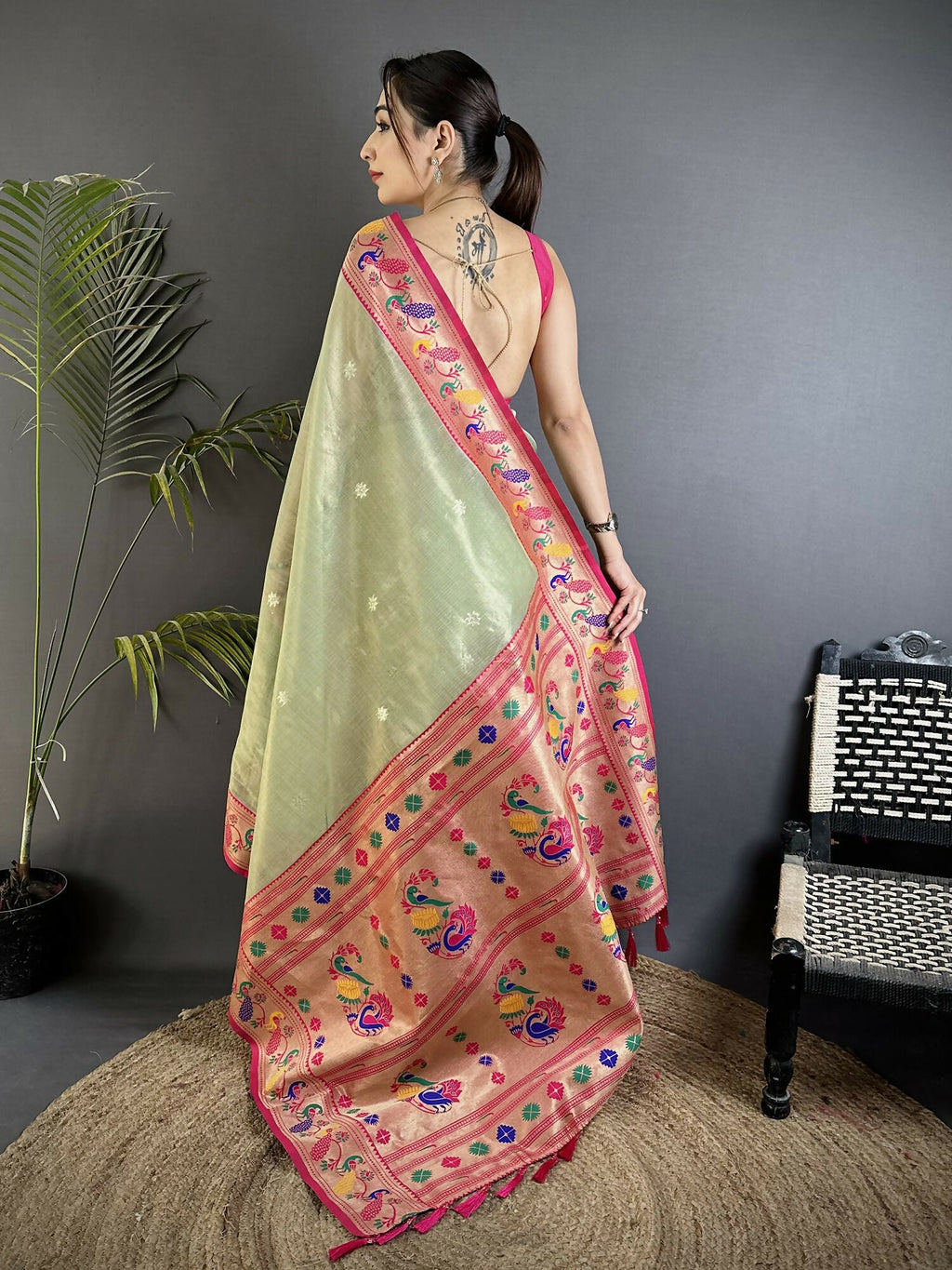 Joban Fashion Pista Green Zari Weaving Tissue Paithani Saree