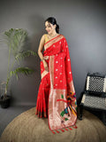 Joban Fashion Red Peacock & Floral Motifs Soft Silk Kanchipuram Saree - Distacart