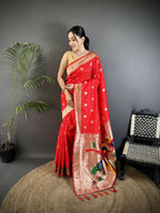 Joban Fashion Red Peacock & Floral Motifs Soft Silk Kanchipuram Saree - Distacart
