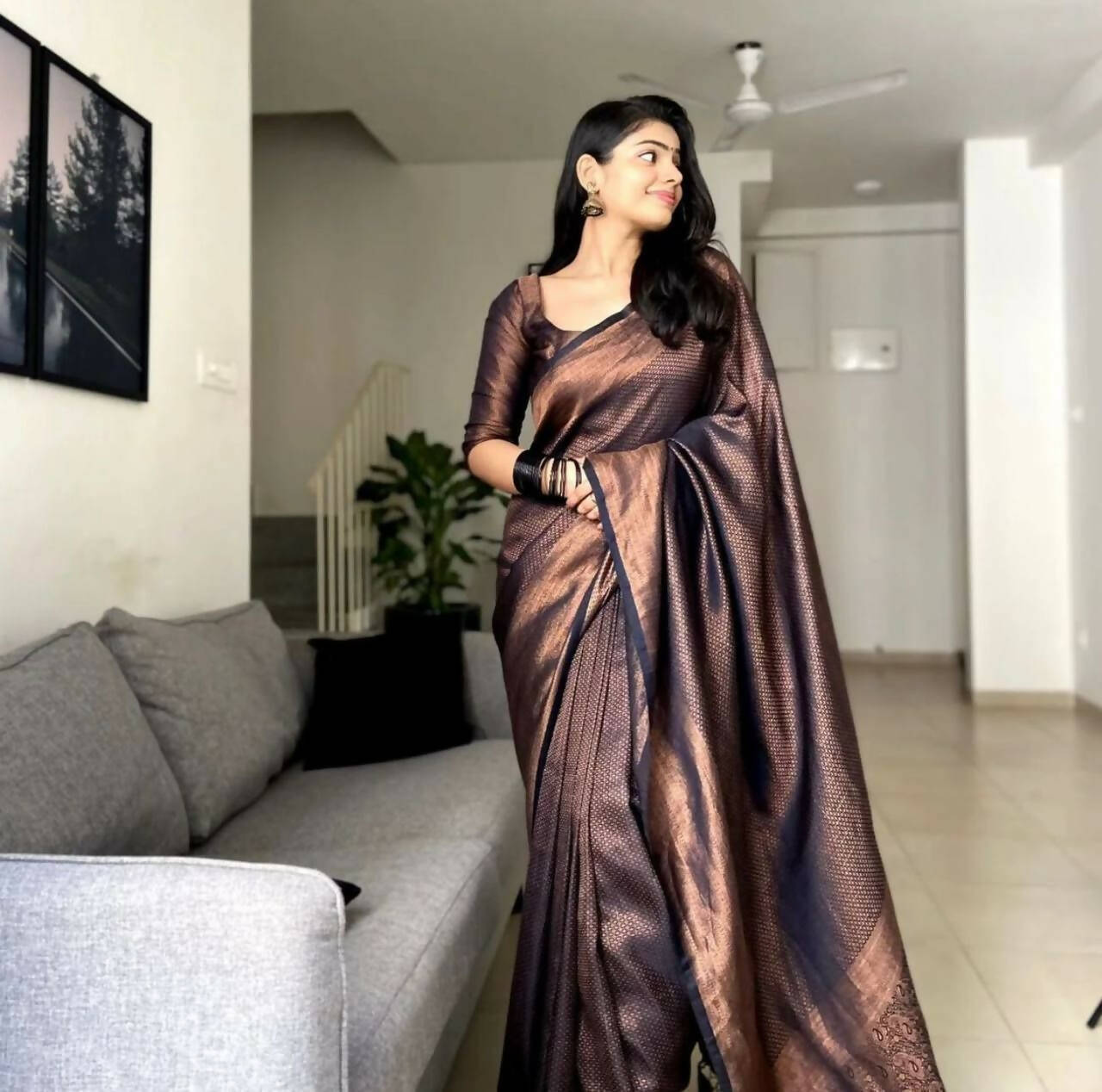 DEIANA'S Beautiful Designer Golden zari Soft Lichi Silk Saree - Black