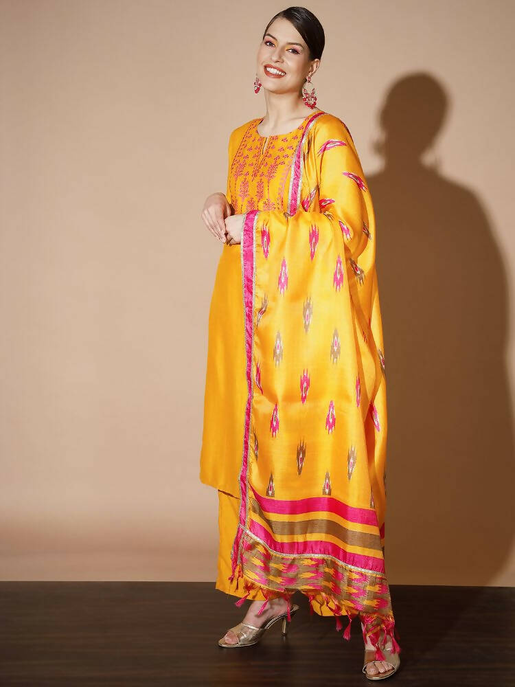 Myshka Women Mustard Solid Kurta & Palazzos With Dupatta - Distacart