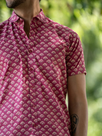 Miravan Men's Regular Fit Pink Floral Cotton Button Down Half Sleeve Slim Fit Shirt
