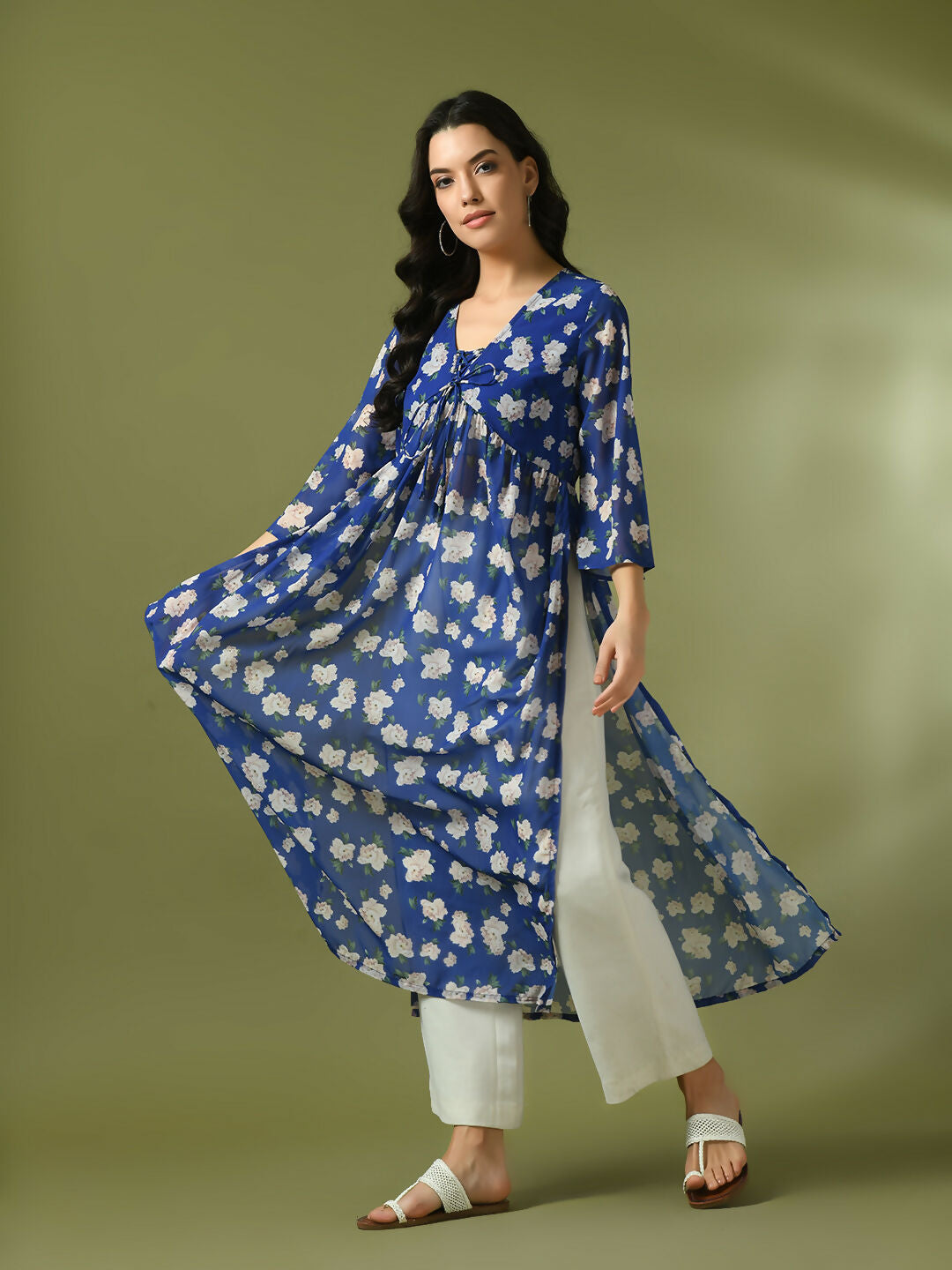 Myshka Women's Blue Printed Georgette A-Line Nyra-cut Kurta