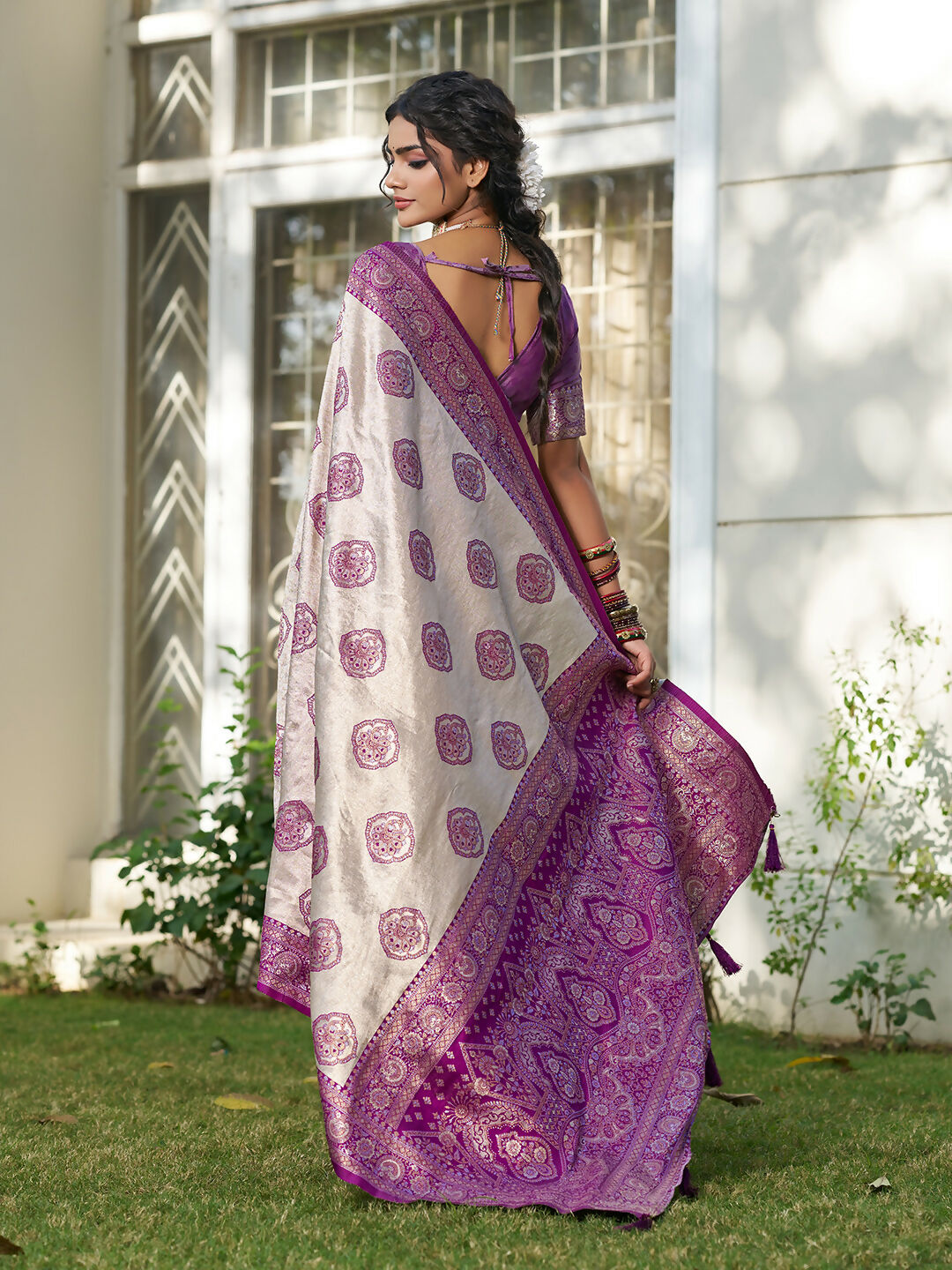 Shree Shyam Fashion Cream With Purple Silk Blend Saree - Distacart