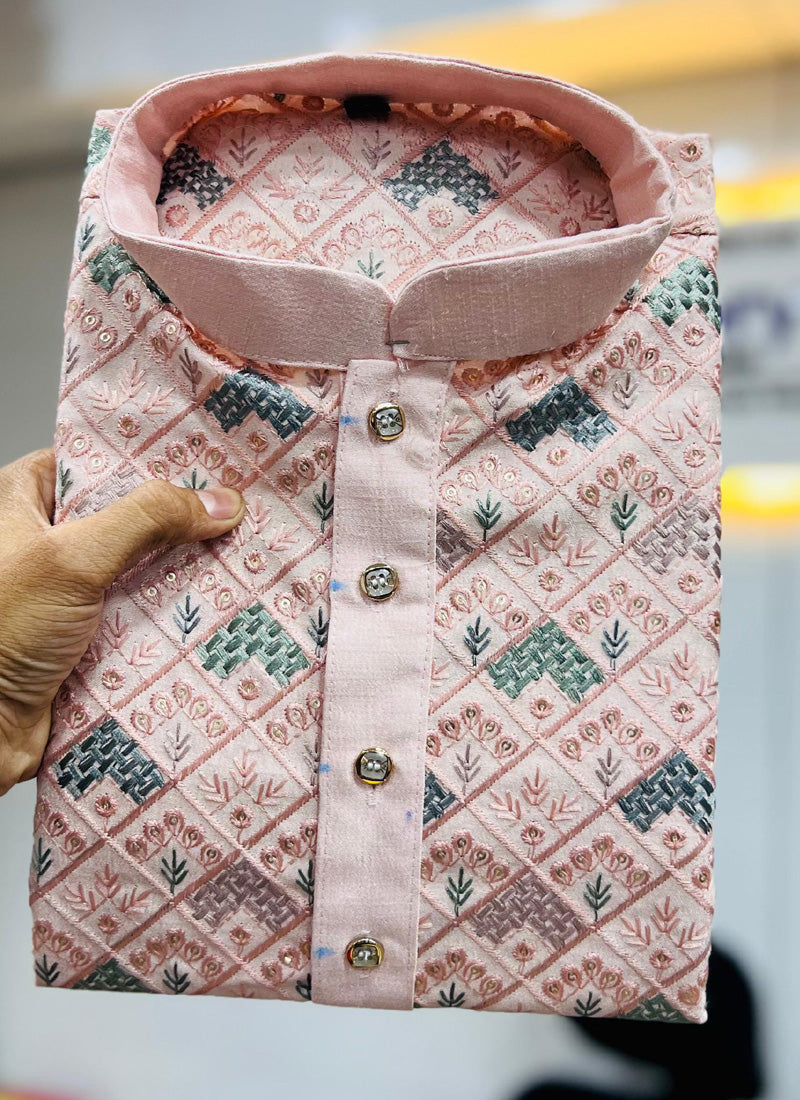 Prazu Fashion Baby Pink Italian Silk Embroidered Kurta With Pajama - Distacart