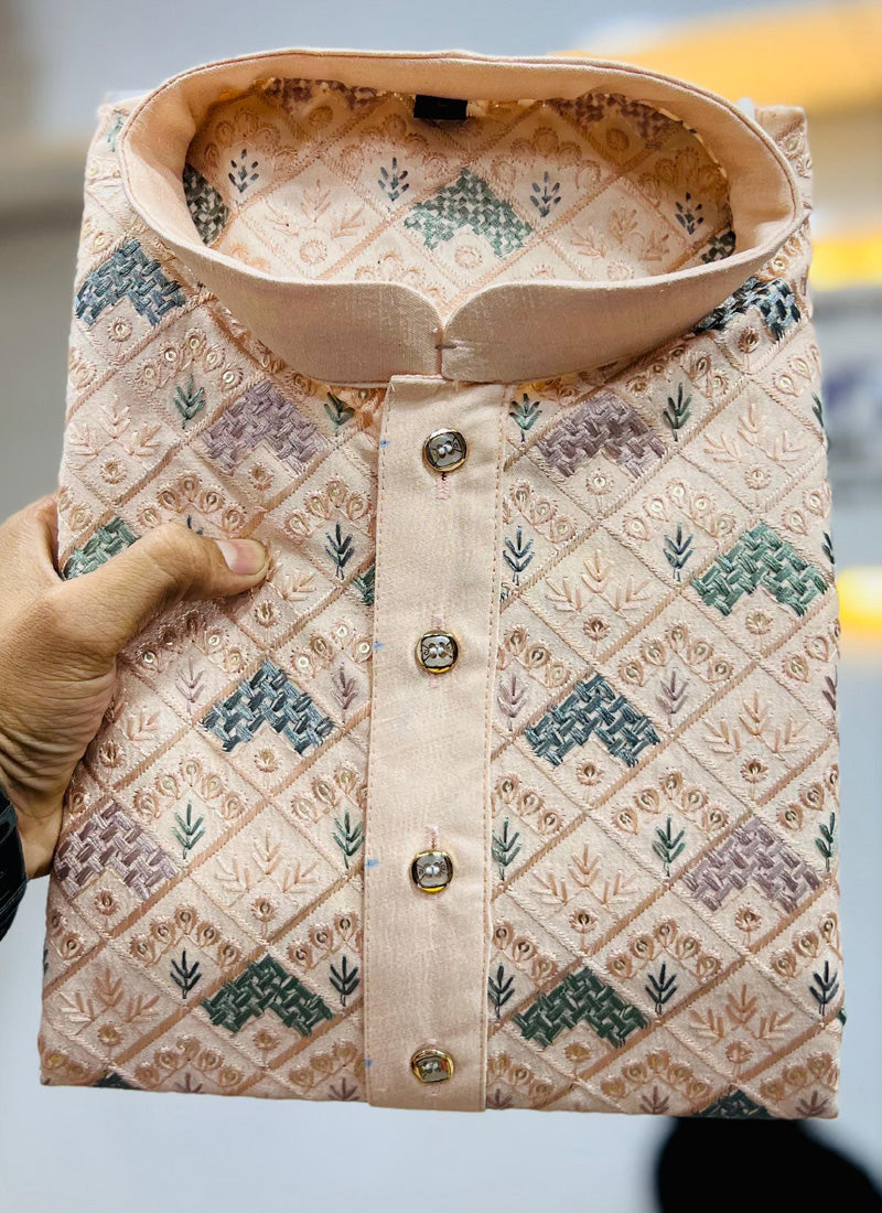 Prazu Fashion Cream Italian Silk Embroidered Kurta With Pajama - Distacart