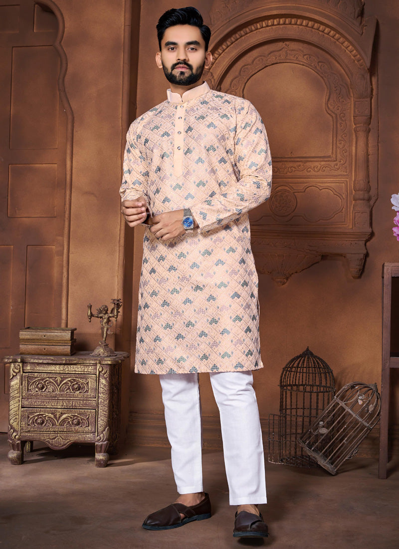Prazu Fashion Cream Italian Silk Embroidered Kurta With Pajama - Distacart