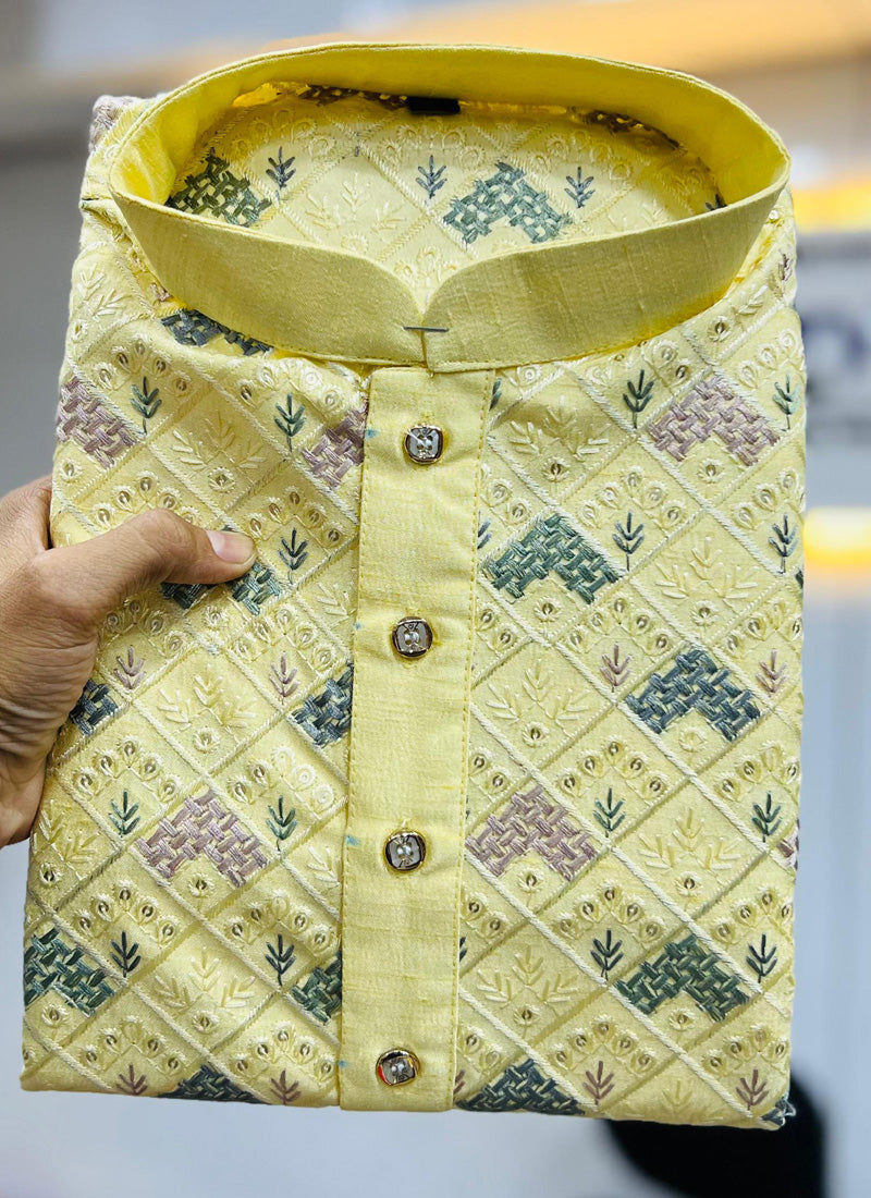 Prazu Fashion Yellow Italian Silk Embroidered Kurta With Pajama - Distacart