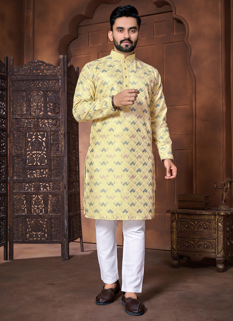 Prazu Fashion Yellow Italian Silk Embroidered Kurta With Pajama - Distacart