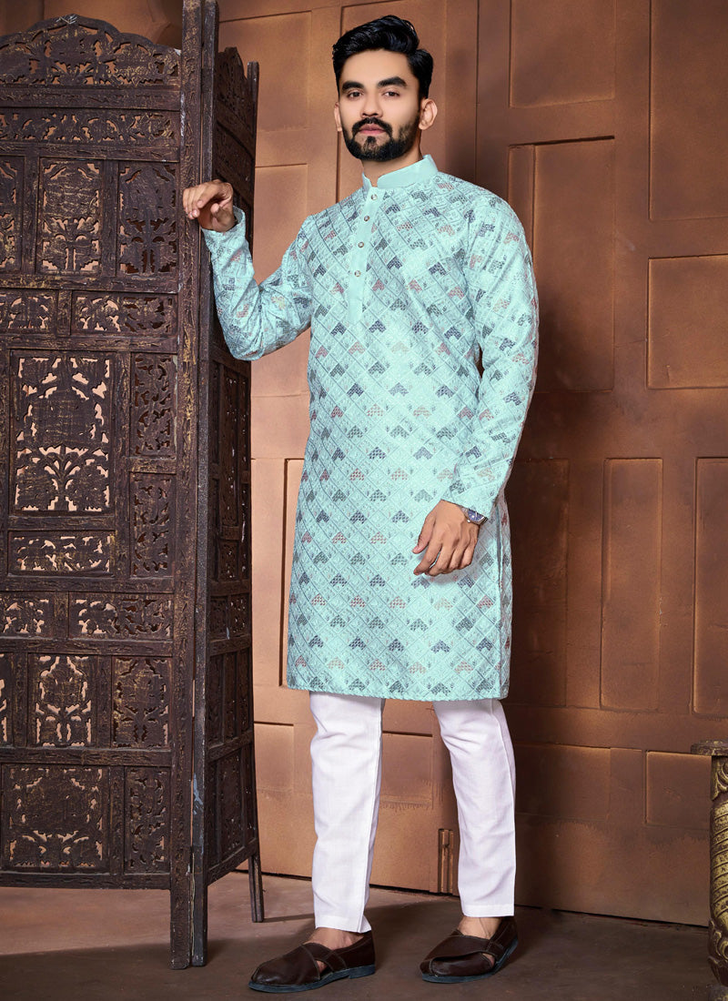 Prazu Fashion Sky Blue Italian Silk Embroidered Kurta With Pajama - Distacart