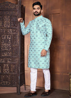 Prazu Fashion Sky Blue Italian Silk Embroidered Kurta With Pajama - Distacart