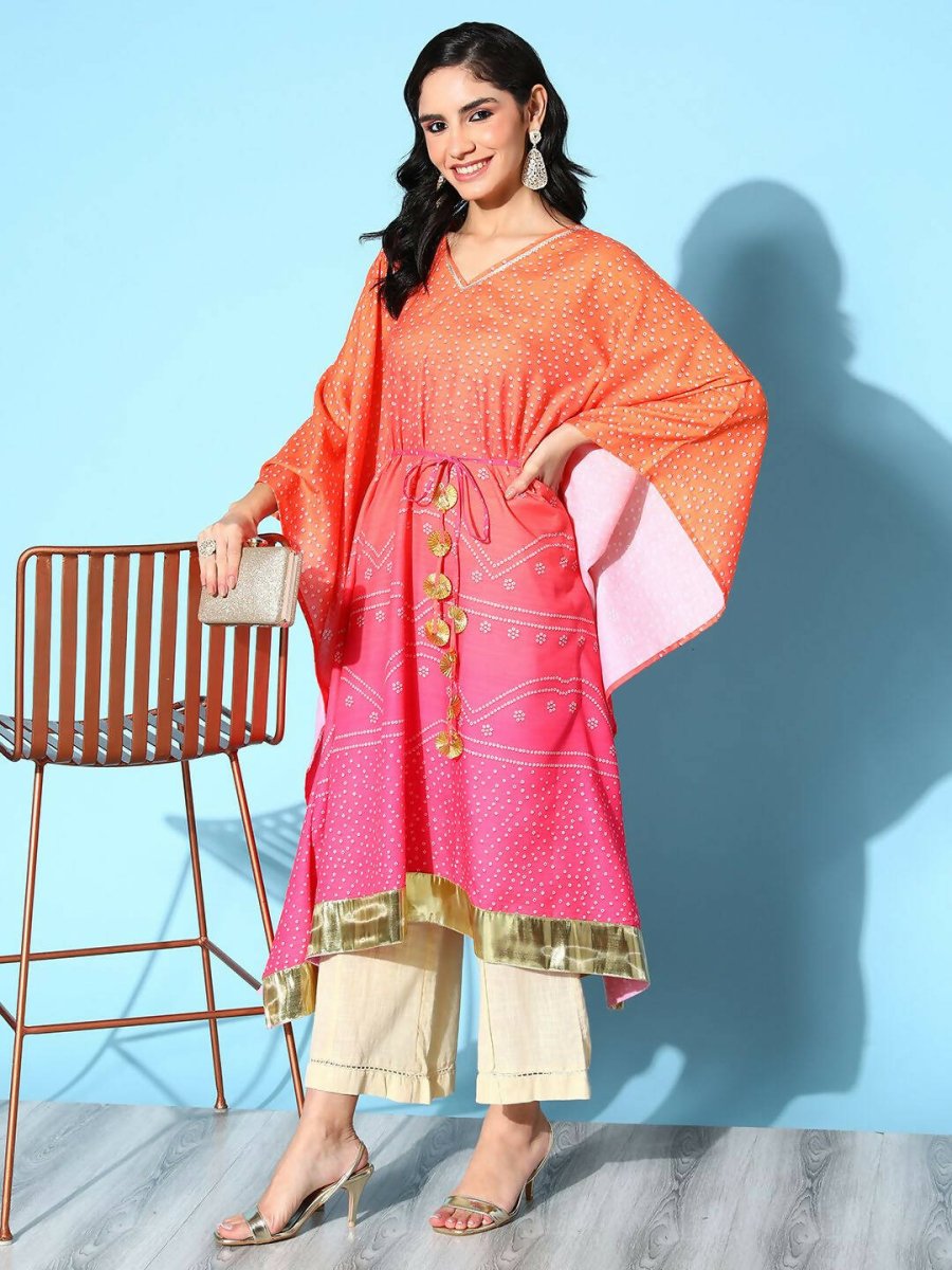 Ahalyaa Women's Orange Cotton Blend Printed Kaftan Kurta - Distacart
