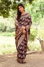Joban Fashion Wine Banarasi Soft Pure Handloom Banarasi Silk Saree