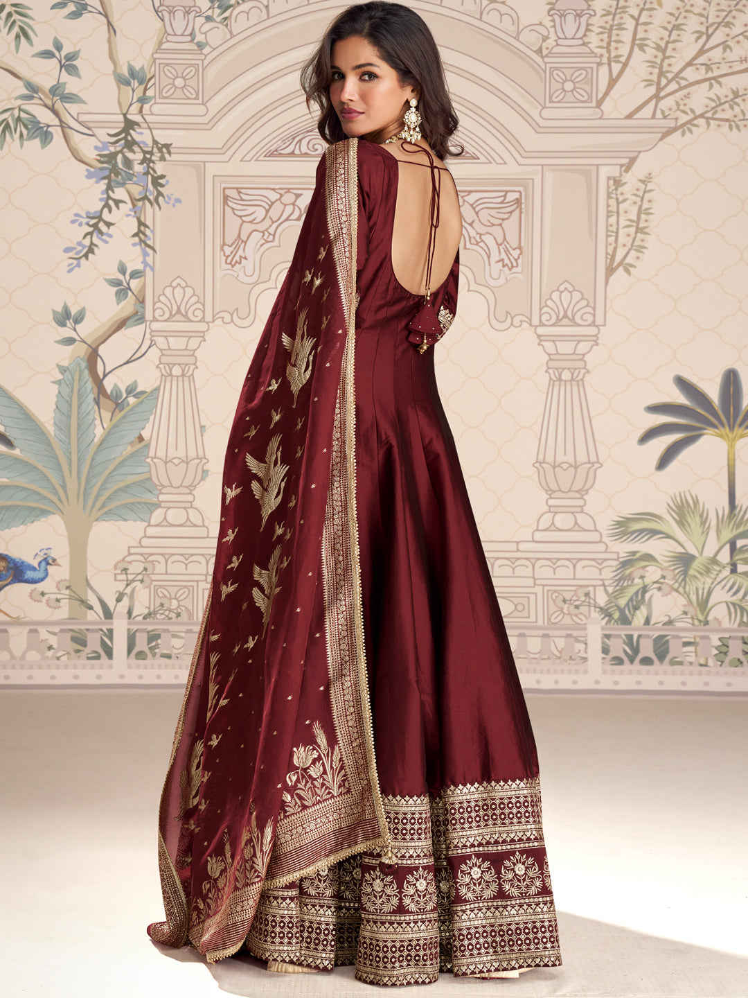 Evanik Women Maroon Embroidered Design Wedding Gown with Dupatta - Distacart