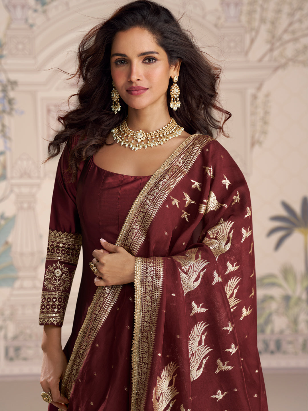 Evanik Women Maroon Embroidered Design Wedding Gown with Dupatta - Distacart