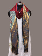 Maroon and Blue Bandhani Kanchipuram Silk Handloom Dupatta with Kalamkari Design - Global Threads
