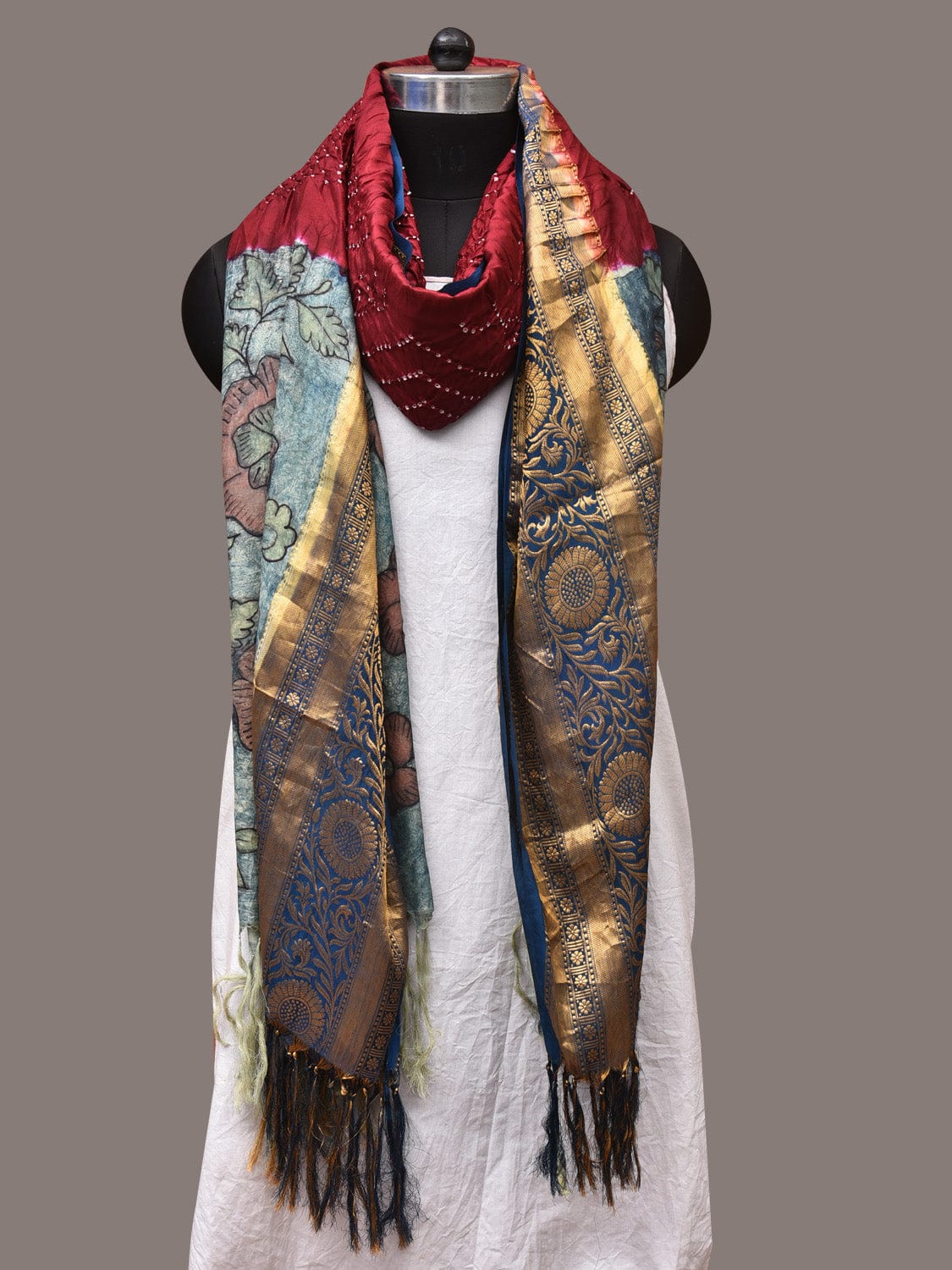 Maroon and Blue Bandhani Kanchipuram Silk Handloom Dupatta with Kalamkari Design - Global Threads