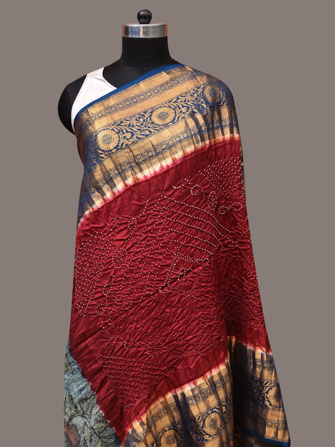 Maroon and Blue Bandhani Kanchipuram Silk Handloom Dupatta with Kalamkari Design - Global Threads