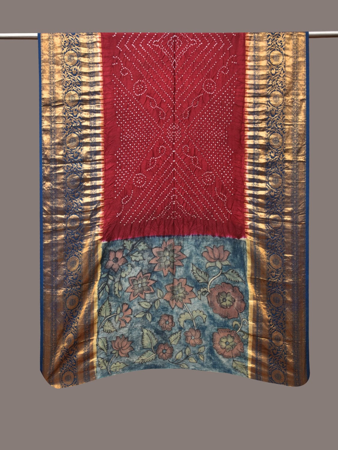 Maroon and Blue Bandhani Kanchipuram Silk Handloom Dupatta with Kalamkari Design - Global Threads