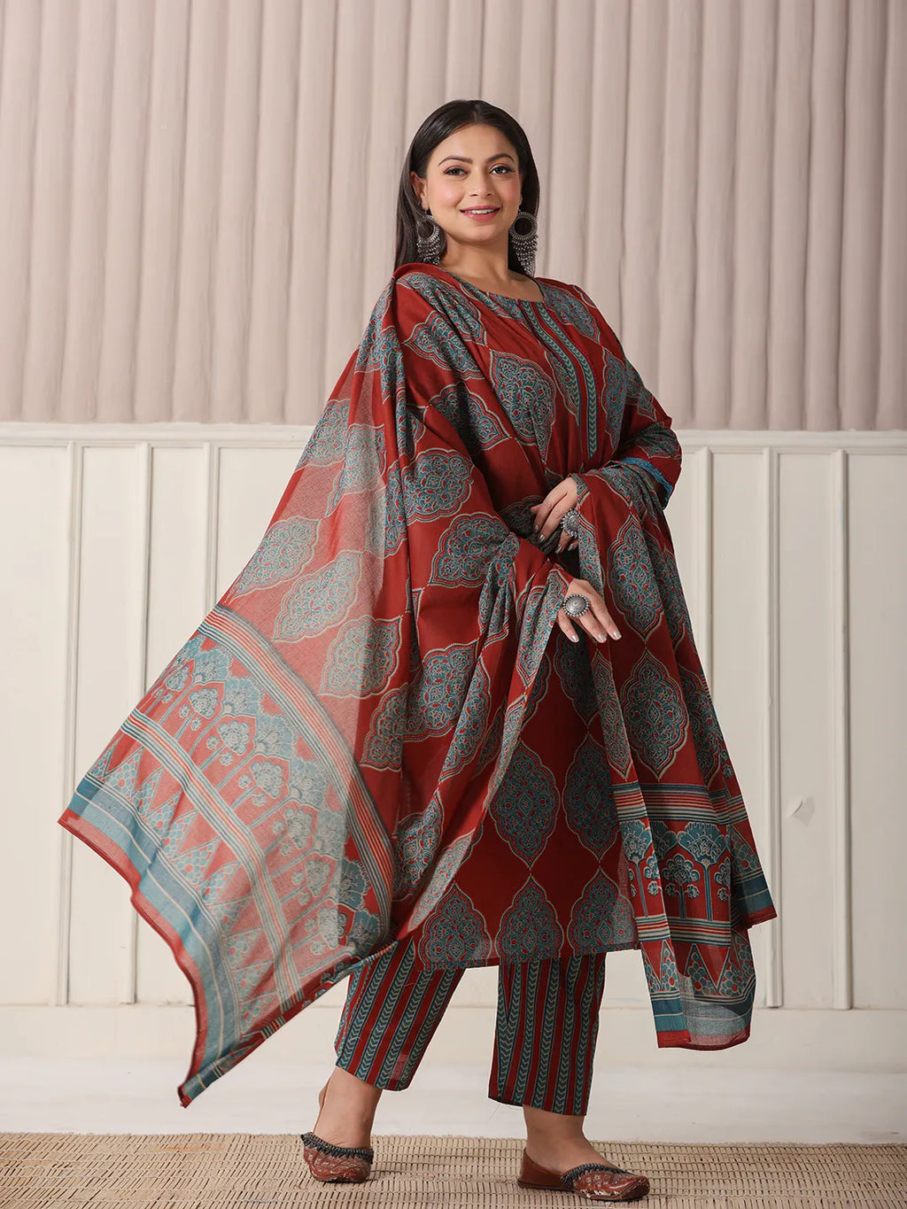 Yufta Maroon Block Print Cotton Lace Work Plus Size Kurta Set With Pant & Dupatta