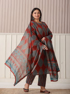 Yufta Maroon Block Print Cotton Lace Work Plus Size Kurta Set With Pant & Dupatta