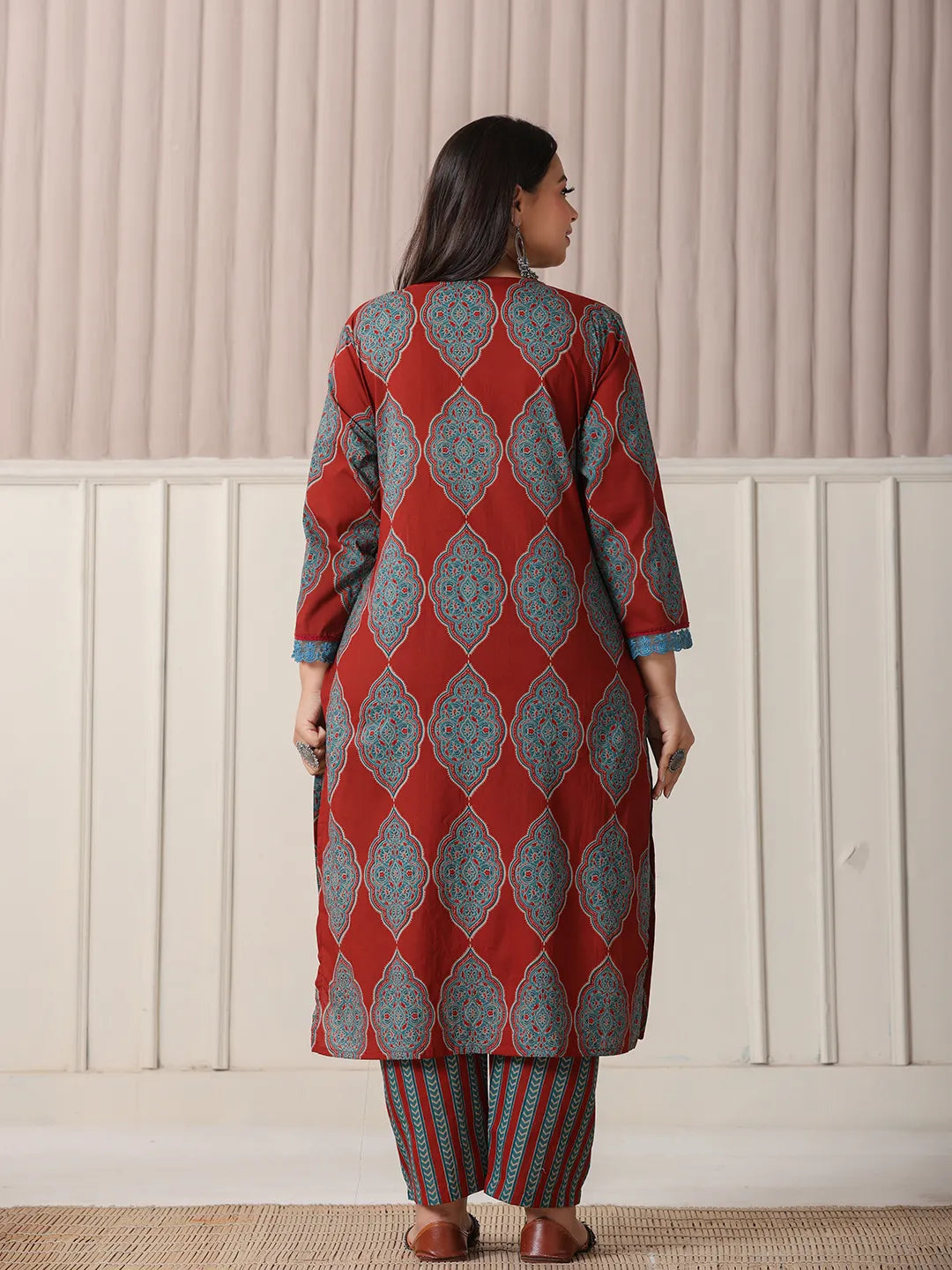 Yufta Maroon Block Print Cotton Lace Work Plus Size Kurta Set With Pant & Dupatta