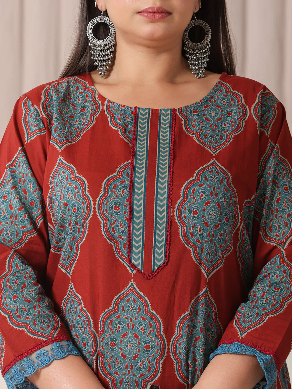 Yufta Maroon Block Print Cotton Lace Work Plus Size Kurta Set With Pant & Dupatta