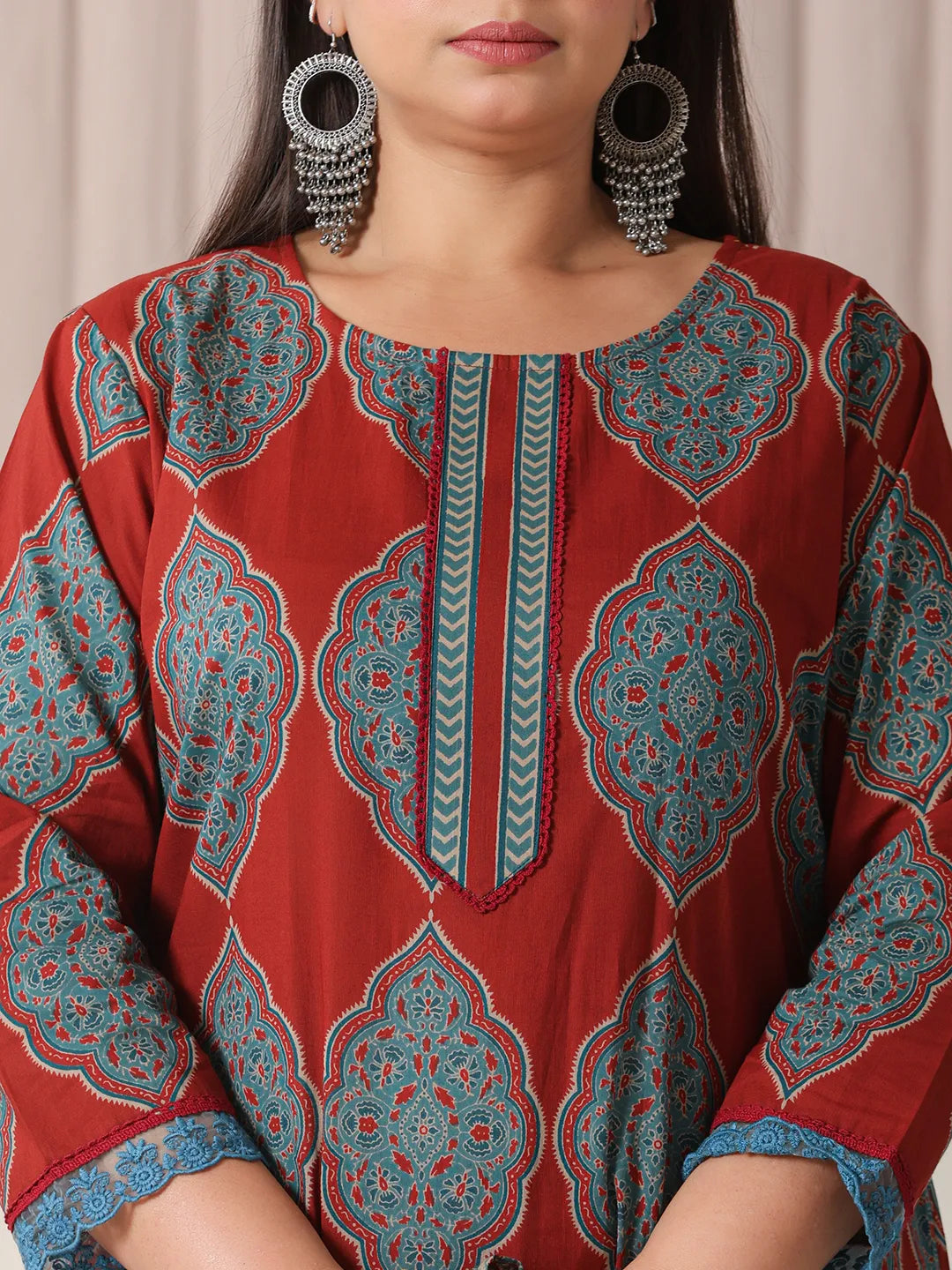 Yufta Maroon Block Print Cotton Lace Work Plus Size Kurta Set With Pant & Dupatta