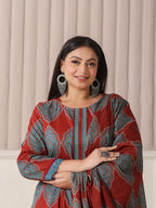 Yufta Maroon Block Print Cotton Lace Work Plus Size Kurta Set With Pant & Dupatta