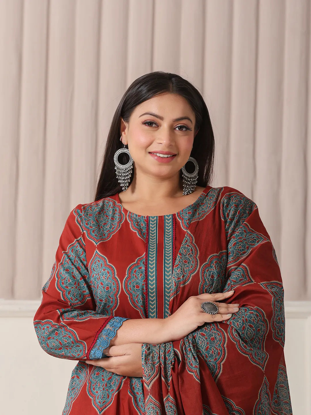 Yufta Maroon Block Print Cotton Lace Work Plus Size Kurta Set With Pant & Dupatta
