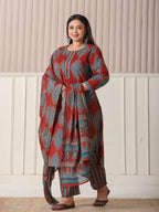 Yufta Maroon Block Print Cotton Lace Work Plus Size Kurta Set With Pant & Dupatta