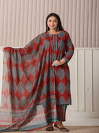 Yufta Maroon Block Print Cotton Lace Work Plus Size Kurta Set With Pant & Dupatta