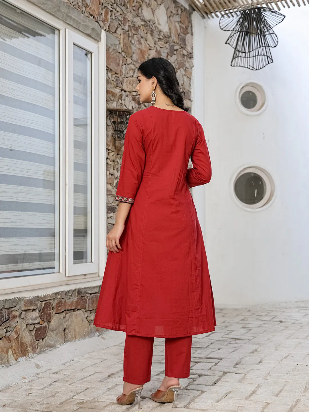 Yufta Maroon Cotton A Line Kurta Dupatta Set - Distacart