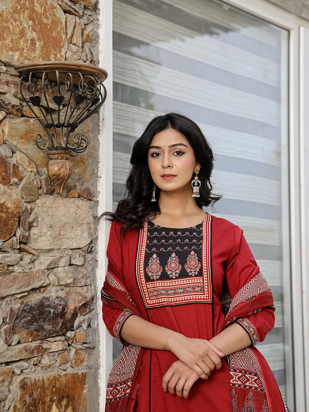 Yufta Maroon Cotton A Line Kurta Dupatta Set - Distacart