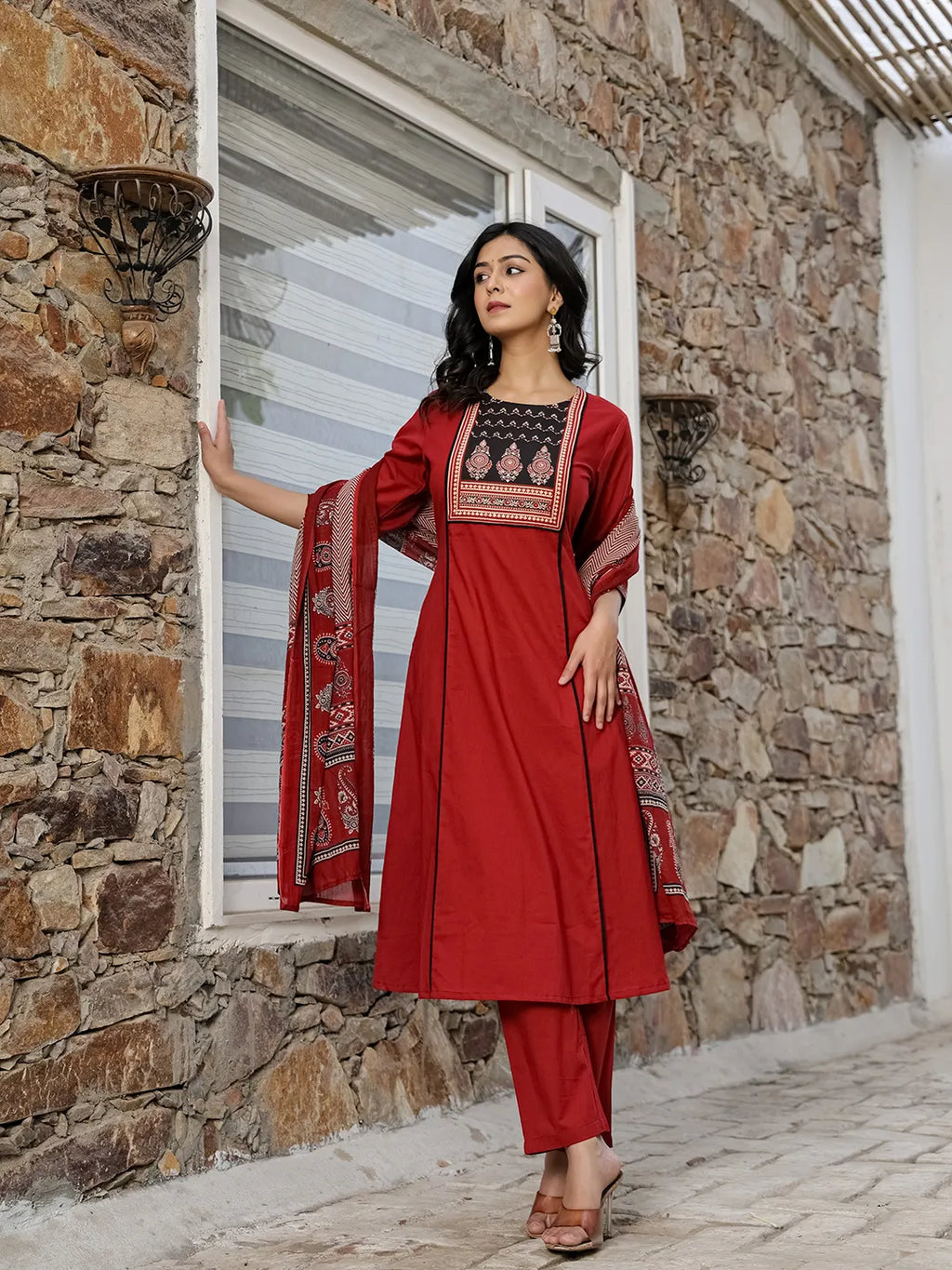 Yufta Maroon Cotton A Line Kurta Dupatta Set - Distacart
