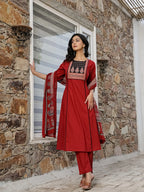 Yufta Maroon Cotton A Line Kurta Dupatta Set - Distacart
