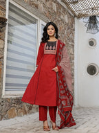 Yufta Maroon Cotton A Line Kurta Dupatta Set - Distacart