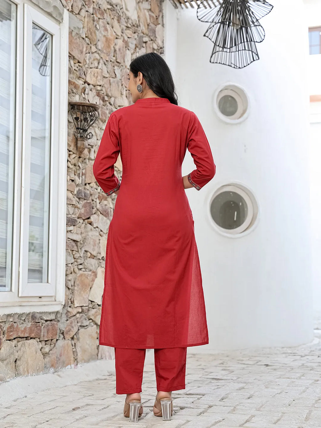 Yufta Maroon Cotton Mandarin Collar Kurta Dupatta Set - Distacart