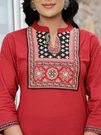 Yufta Maroon Cotton Mandarin Collar Kurta Dupatta Set - Distacart